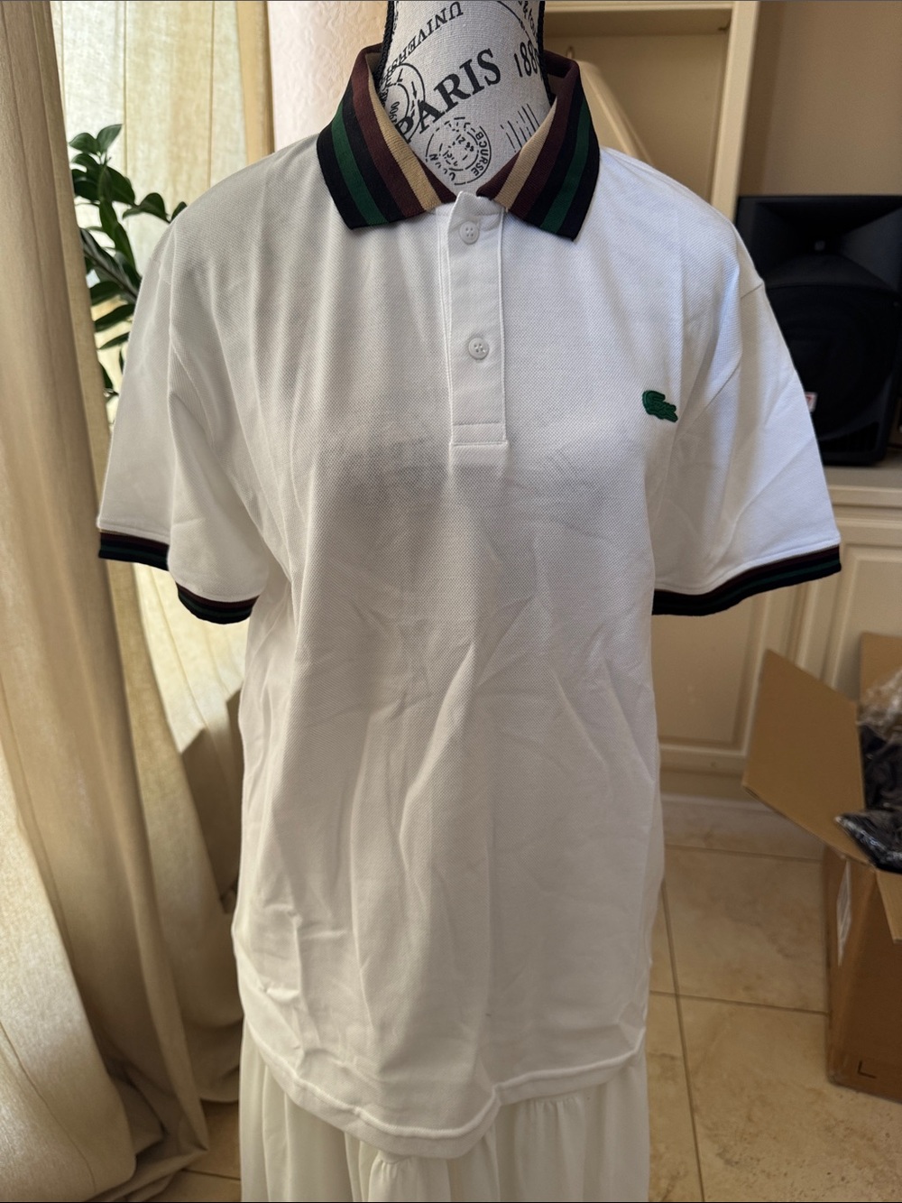 Lacoste White Polo with Striped Brown and Green Collar
